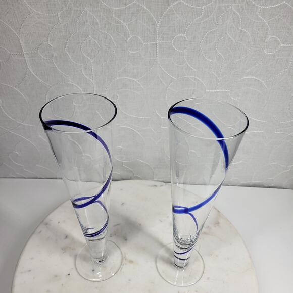 Pier 1 Swirline Pilsner Glass Pair 10" Cobalt Blue Handblown Set‎ of 2 - Picture 4 of 10